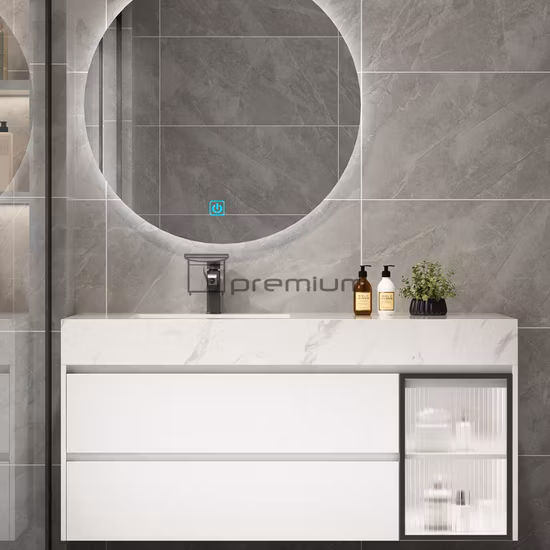 Specchio retroilluminato a LED con design moderno di lusso, larghezza 1000 mm, top in pietra sinterizzata, lavabo in ceramica, mobiletto per bagno in legno